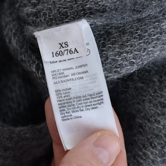 All  Saints Grey Animal Print 55% Mohair, 13% Wool Crewneck Sweater XSmall - Picture 14 of 14